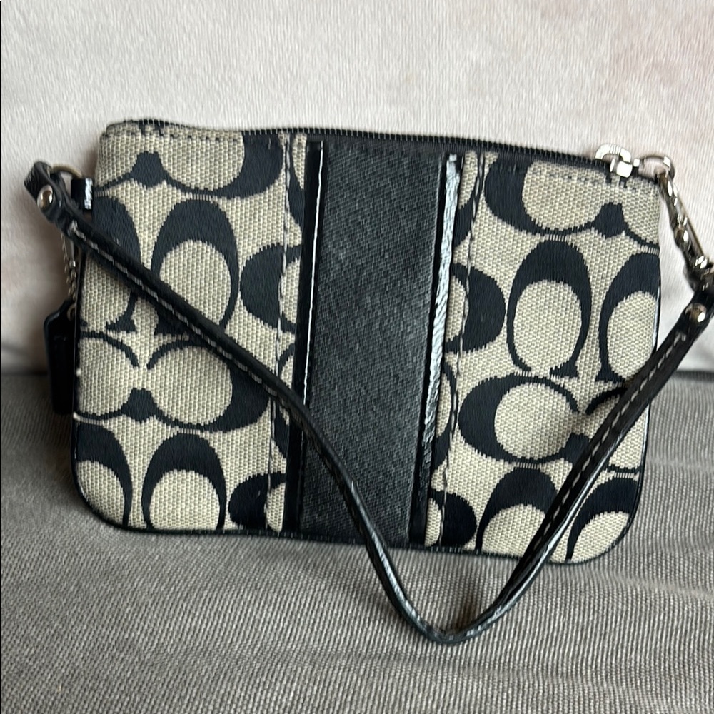 Black and Cream Coach vintage monogrammed C with leather nylon wristlet